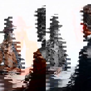 A woman in an explorer outfit at the bank